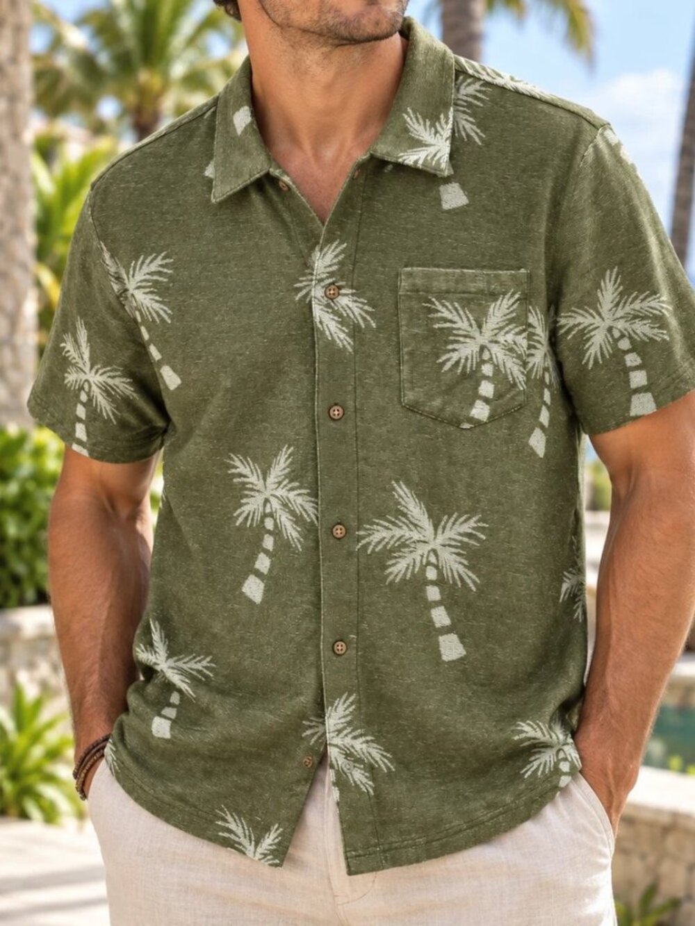 Criquet Terrycloth Palm Tree Printed Buttondown Men's Shirt Collared M 290871